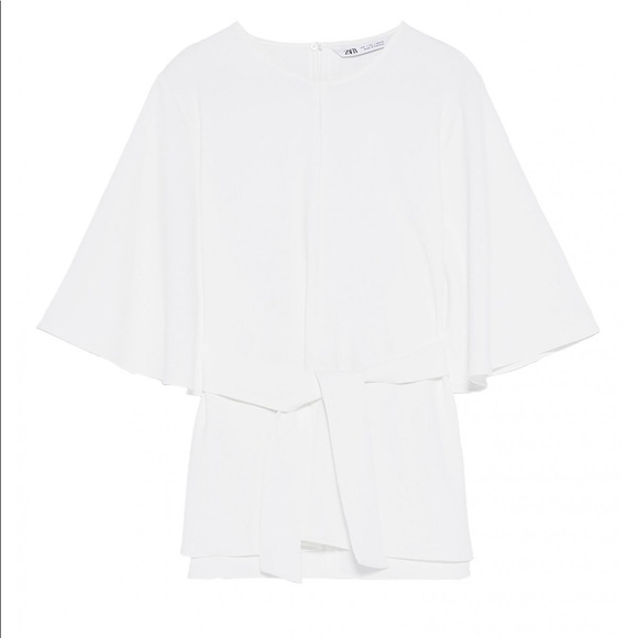 Zara White Keyhole Belted Flutter Sleeve Flowy Blouse with Bow 4043/061 - Picture 3 of 6